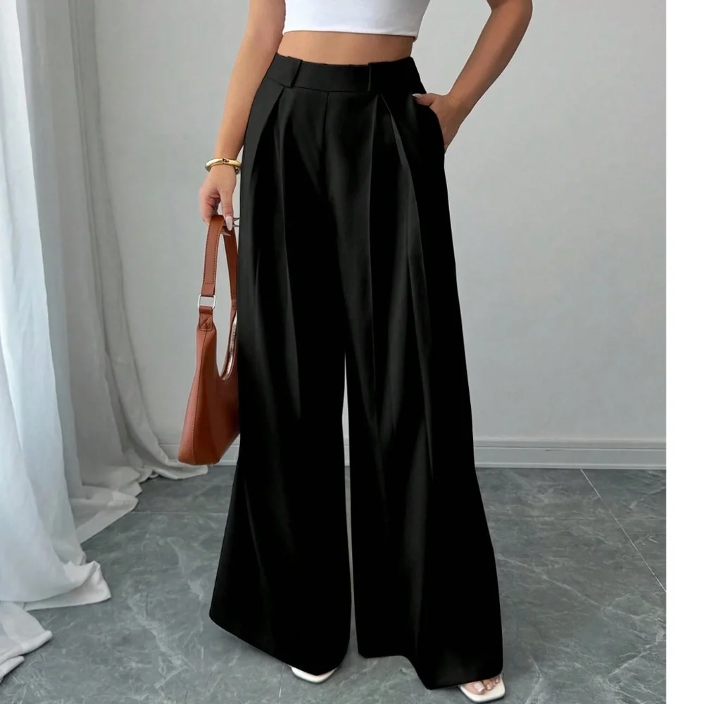 Classic Solid Stretchy Waist Pleated Pockets Wide leg Trouser Pants